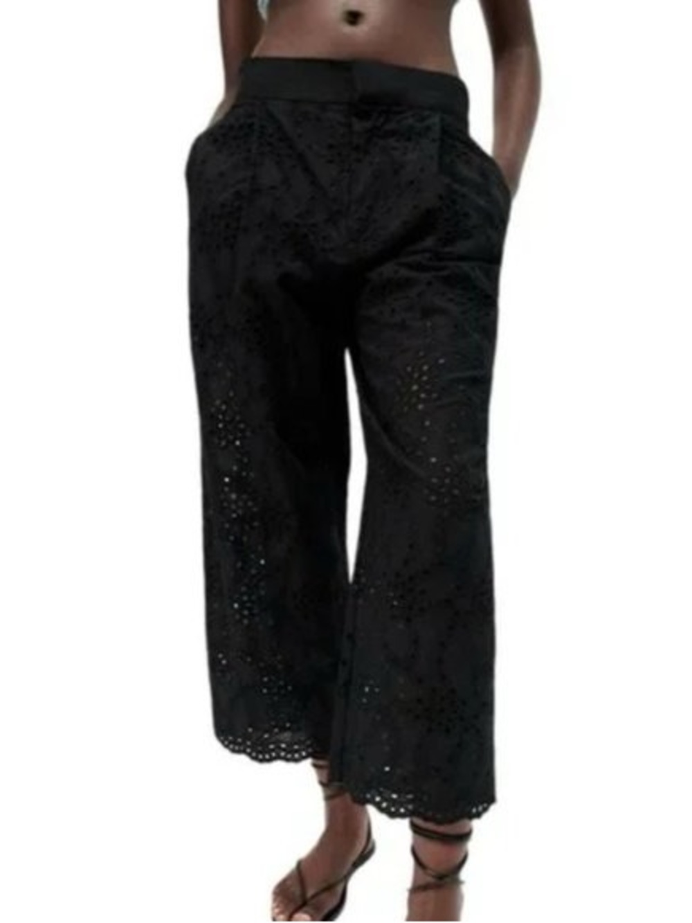 ZARA black eyelet embroidered wide-leg/cropped pants XL